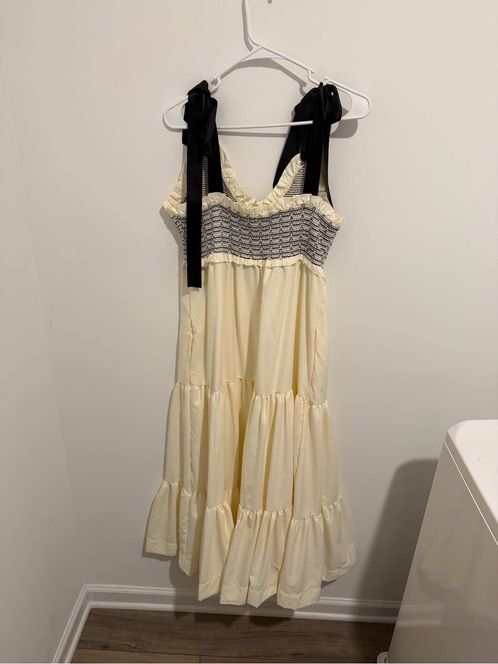 Cream Smocked Bodice Maxi with Black Tie Straps - Picture 3 of 4